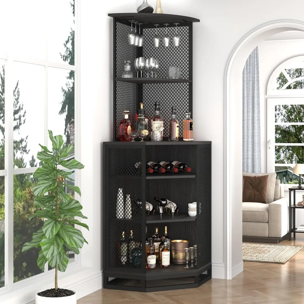 IBF Tall Corner Bar Cabinet, Large Wood and Metal Liquor Cabinet with Wine Rack, Industrial Corner Wine Cabinet with Adjustble