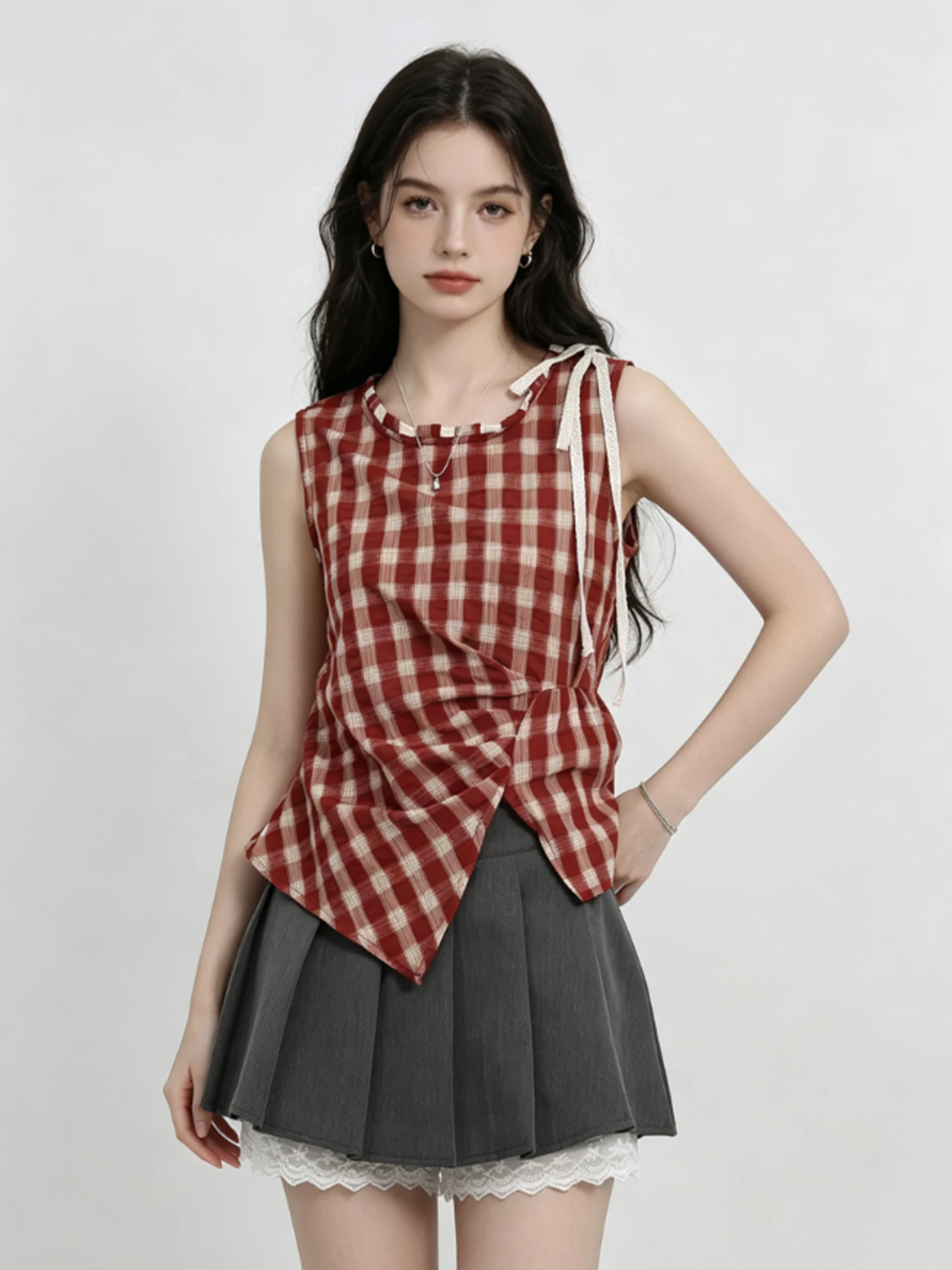 

Women's Vintage Plaid Blouses and Shirts Round Neck Sleeveless Shirt Vintage Y2k Lace Up Blouse Top Cropped Top for Women Summer