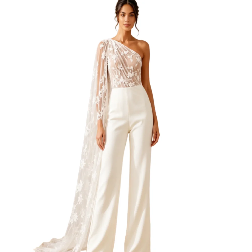Boho Civil Registry Wedding Jumpsuit Bridal Elegant One Shoulder Cape Lace Lace Bodice Beach Civil Elopement Bride Gown Bohemian