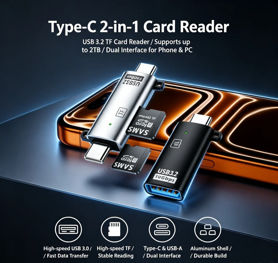 USB3.2 10Gbps Type-C Card Reader OTG Adapter 2-in-1 TF Memory Slot for Smartphone PC Mac OS