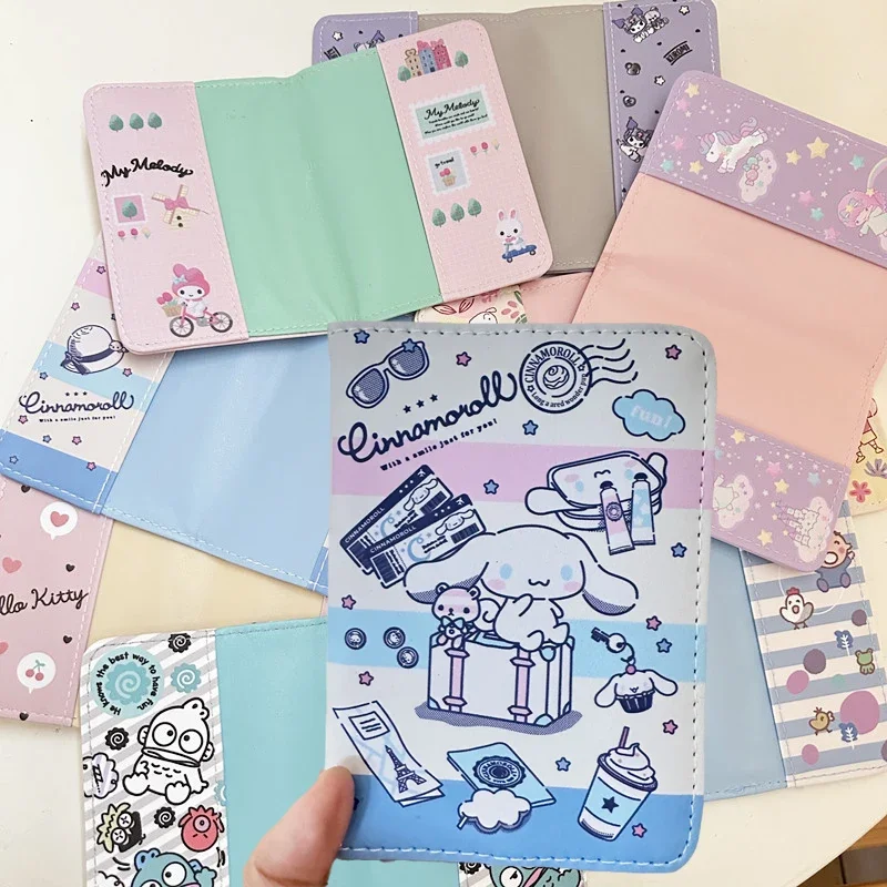 Sanrio Cinnamoroll Kuromi Mymelody funda de pasaporte de PU de dibujos animados, kawaii Anime, identificación de viaje, tarjeteros, bolsas con Clip, regalos para niñas
