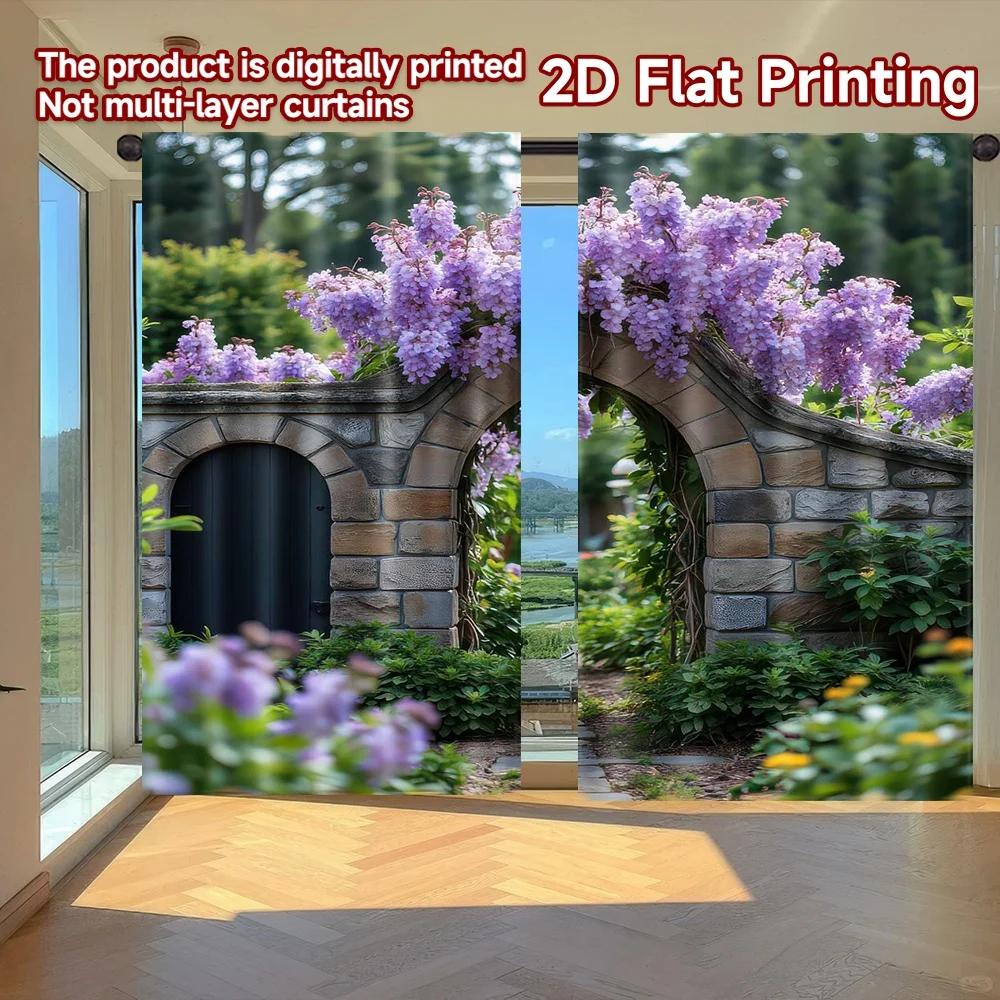 

2D flat printing 2pcs Window Curtains Stone Arch with Wisteria Digital Printed Polyester Drapes Birthday Party Use for New Year