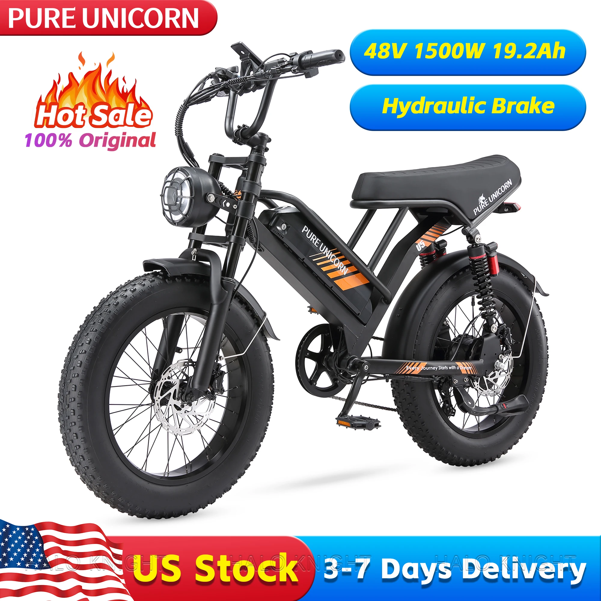 PURE UNICORN U5 48V 1500W 19.2Ah Adult Electric Bike 20 Inch Fat Tire 28MPH Ebike Mountain Bicycle Motorcycle Cheap E Bike