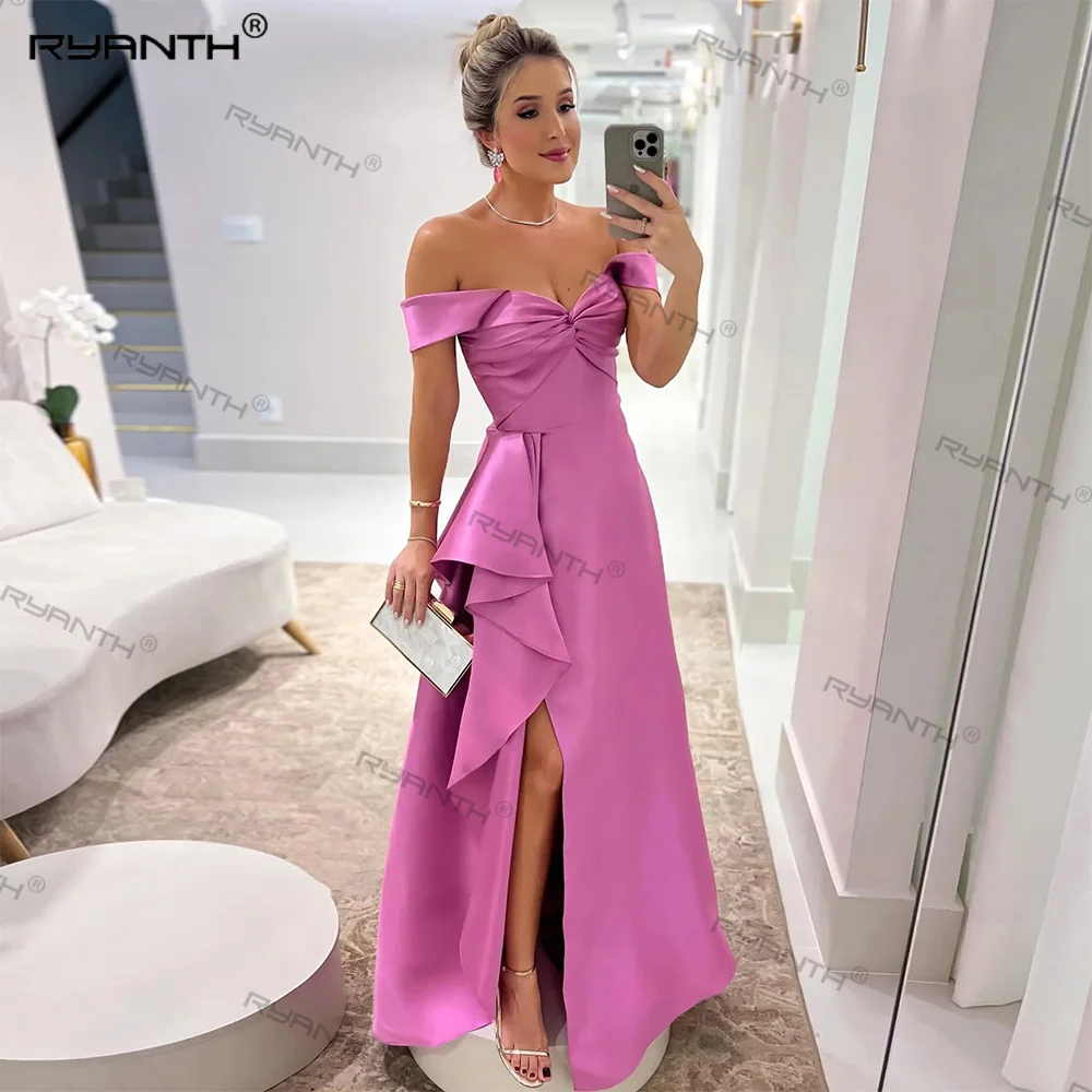 Ryanth eine Linie Satin Arabisch Abschluss ball Abendkleider von der Schulter Bein Schlitz drapiert Frauen formelle Party kleid Festzug Kleider 2024