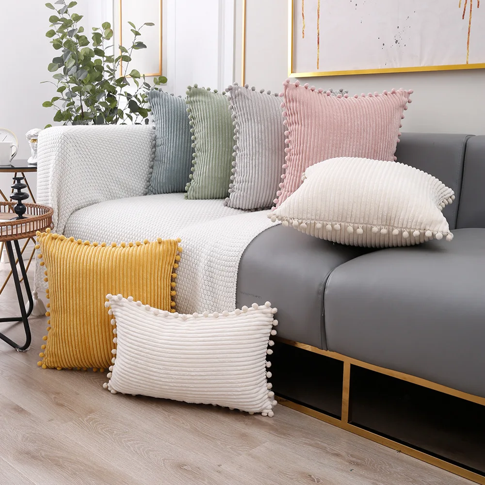 Solid Color Cushion Cover Without Filler Thick Corduroy Pompom Cushion 45x45 Pillow Hugs Tripe Pillow Cover for Sofa Living Room