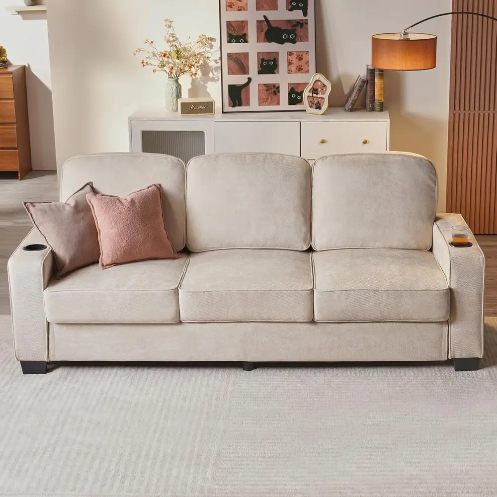 

Трехместный диван с глубоким сиденьем, 85 см, комфортный диван для гостиной с подлокотниками и подстаканниками, маленький бежевый вельветовый диван для домашнего офиса