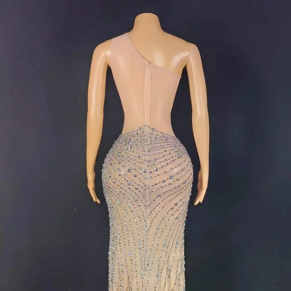 우아한 저녁 파티 드레스 클럽 가수 무대 공연 의상 여성 깜박이 라인 석 섹시한 메쉬 스트레치 롱 드레스