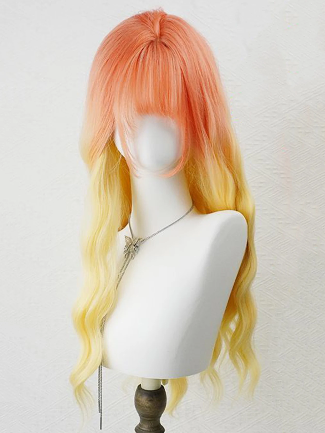 OLACARE Synthetic Orange Yellow Ombre Wavy Wigs for Women With Bangs Long Natural Wig Daily Cosplay Heat Resistant Halloween
