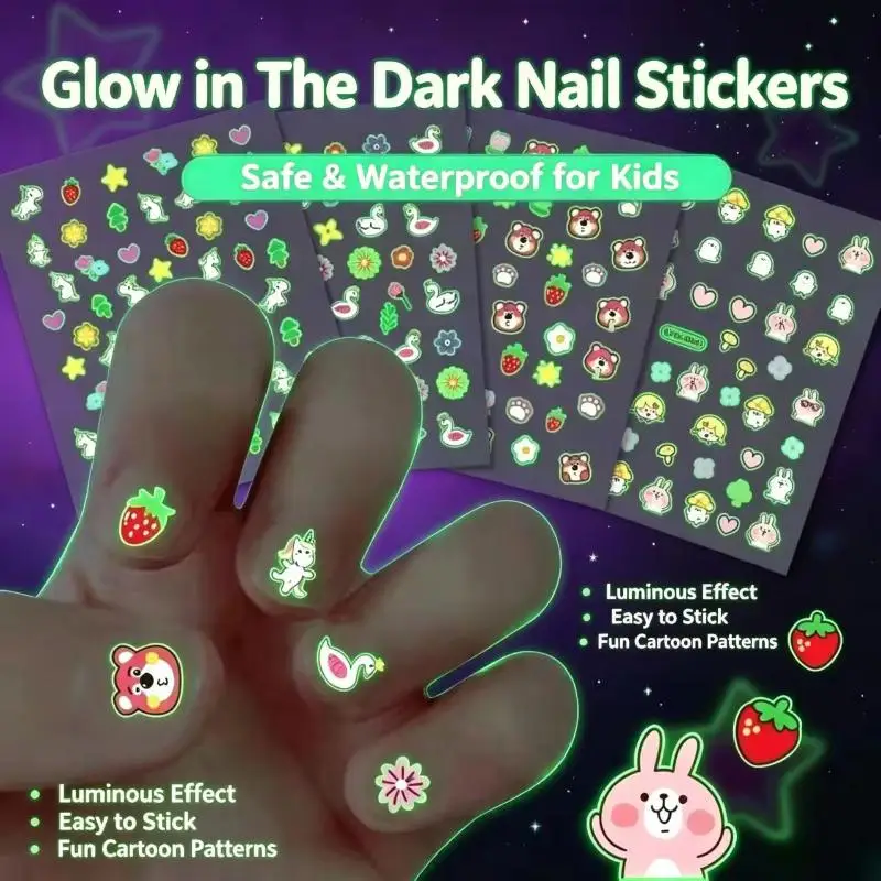 Glow In Dark Kids Princess Nail Stickers Waterproof Self Adhesive Decals for Girls Themed Birthday Party Supplies