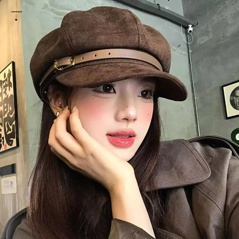 

Personality British Style Pu Leather Beret Belt Buckle Brown Suede Octagonal Hat Artist Hat Korean Style Painter Hat Ladies