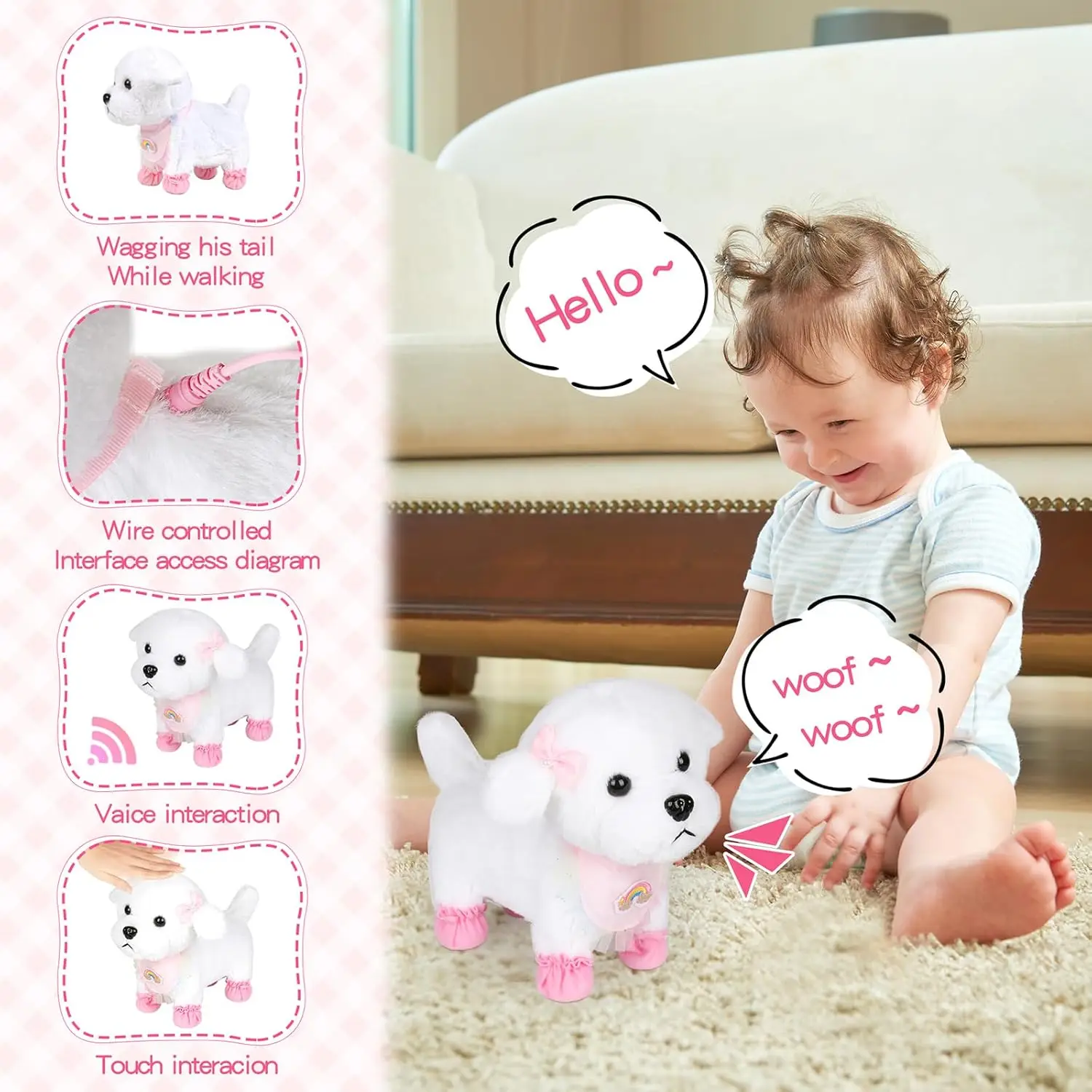 Plush Interactive Toy Dog for Kid, with Leash Walking, Touch Control and Shake Tail Plush Toy  Electronic Pet Best Gift for Girl