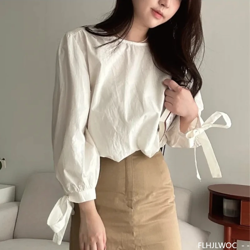 Fliege Tops Blusen süße süße Mädchen Frau Herbst Frühling All-Match-Kleidung Retro Vintage Preppy Japan Stil Baumwollmischungen Top
