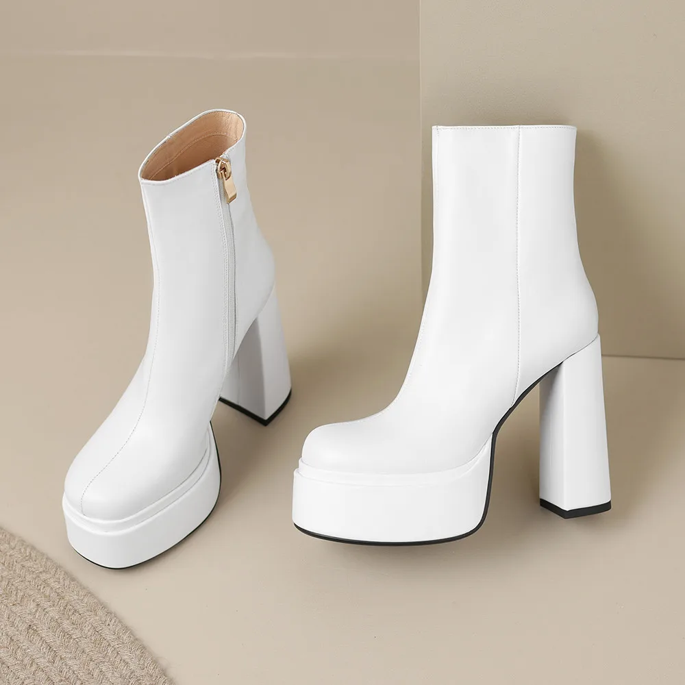 Aucegi-Bottes de rinçage en cuir véritable pour femme, chaussures de soirée classiques, bottes de printemps et d'automne, Parker rond, chaussures à plateforme zippée, talon optique