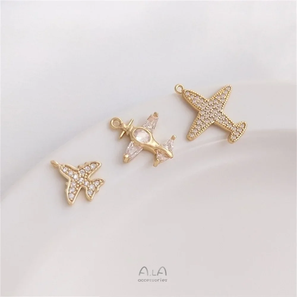 14K Gold Color Micro Inlaid Zircon Airplane Pendant Handmade Fashion Pendant DIY Necklace Bracelet Jewelry Accessories K211