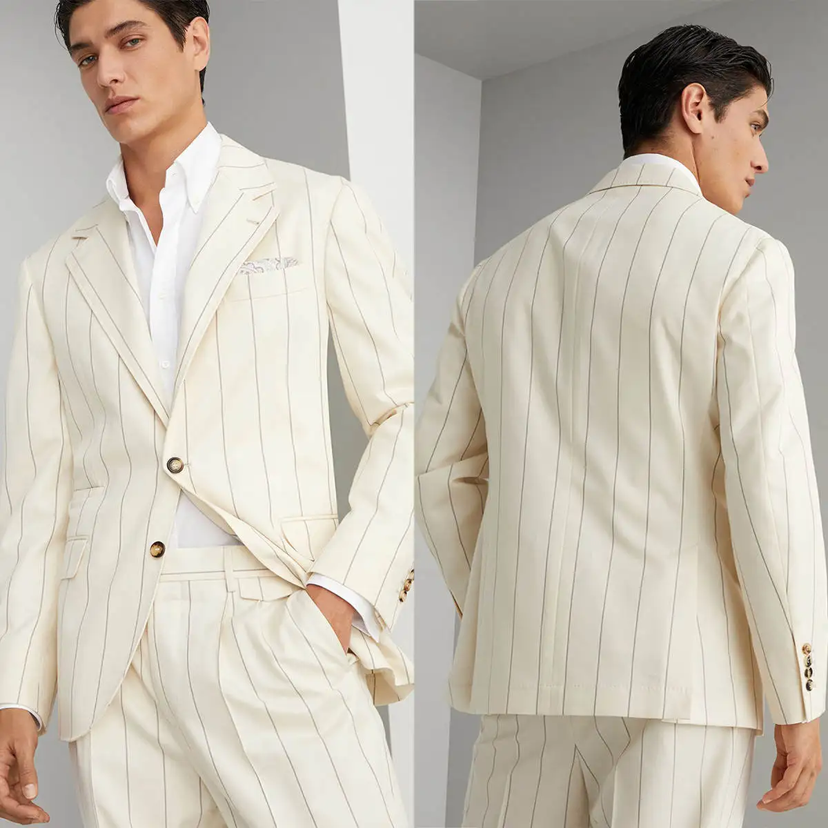 

Pinstriped Men Wedding Suits Notched Lapel Single Breasted Tuxedos Groom Business Party 2 Psc Blazer Pants Custom Made