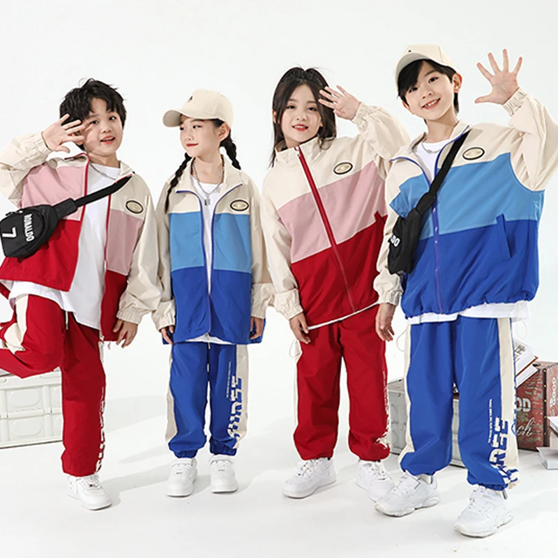 

Boys Girls Loose Tracksuit Jazz Dance Clothes Hip Hop Outfit Blue Red Jacket Pants Street Dance Performance Costume DL11045