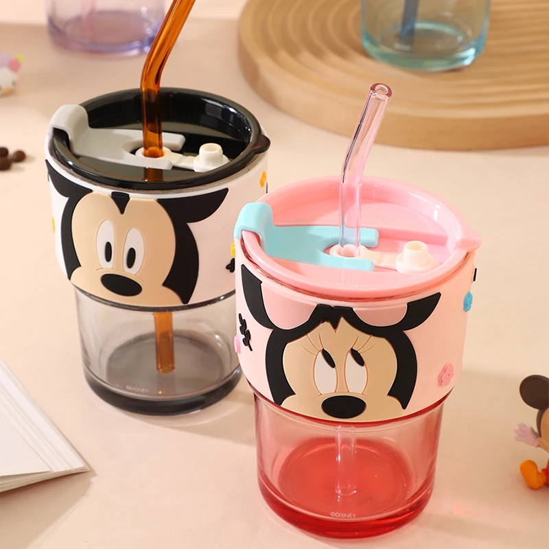 New 2024 Disney Mickey Minnie Mouse Kawaii Water Bottle Cute Daisy Lotso Winnie Glass Cup with Straw Double Glass Double Glass