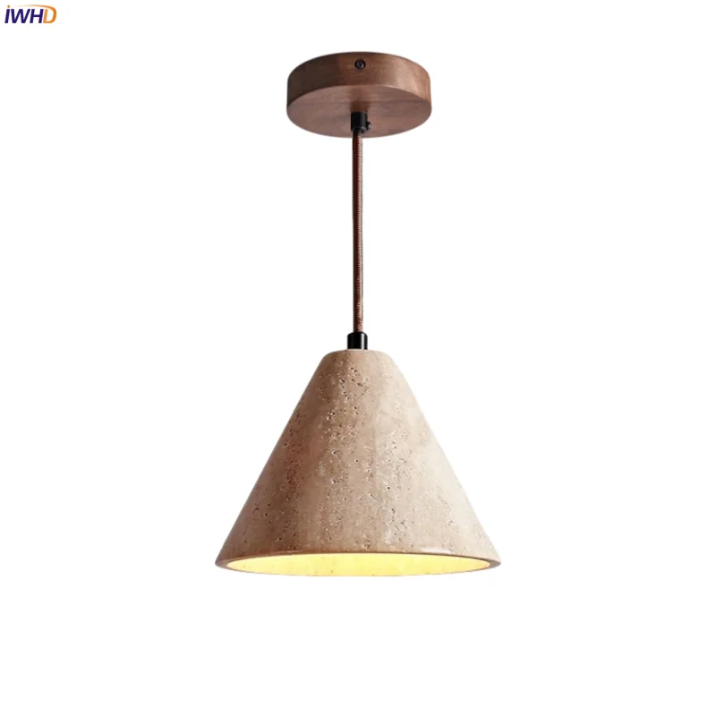 

IWHD Wabi Sabi Stone LED Hanging Lamp Living Room Decoration Bedroom Kitchen Yellow Travertine Vintage Pendant Lighting Hanglamp