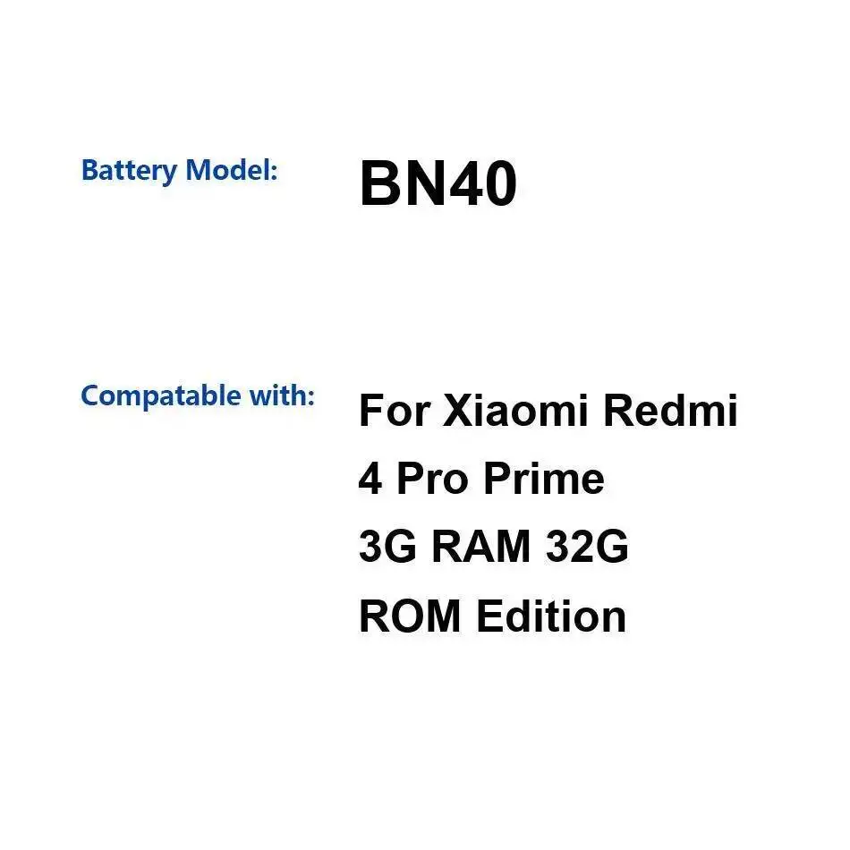 

BN40 Аккумулятор для мобильного телефона с быстрой зарядкой 4100 мАч для Xiaomi Redmi 4 Pro Prime 3G Ram 32G Rom Edition