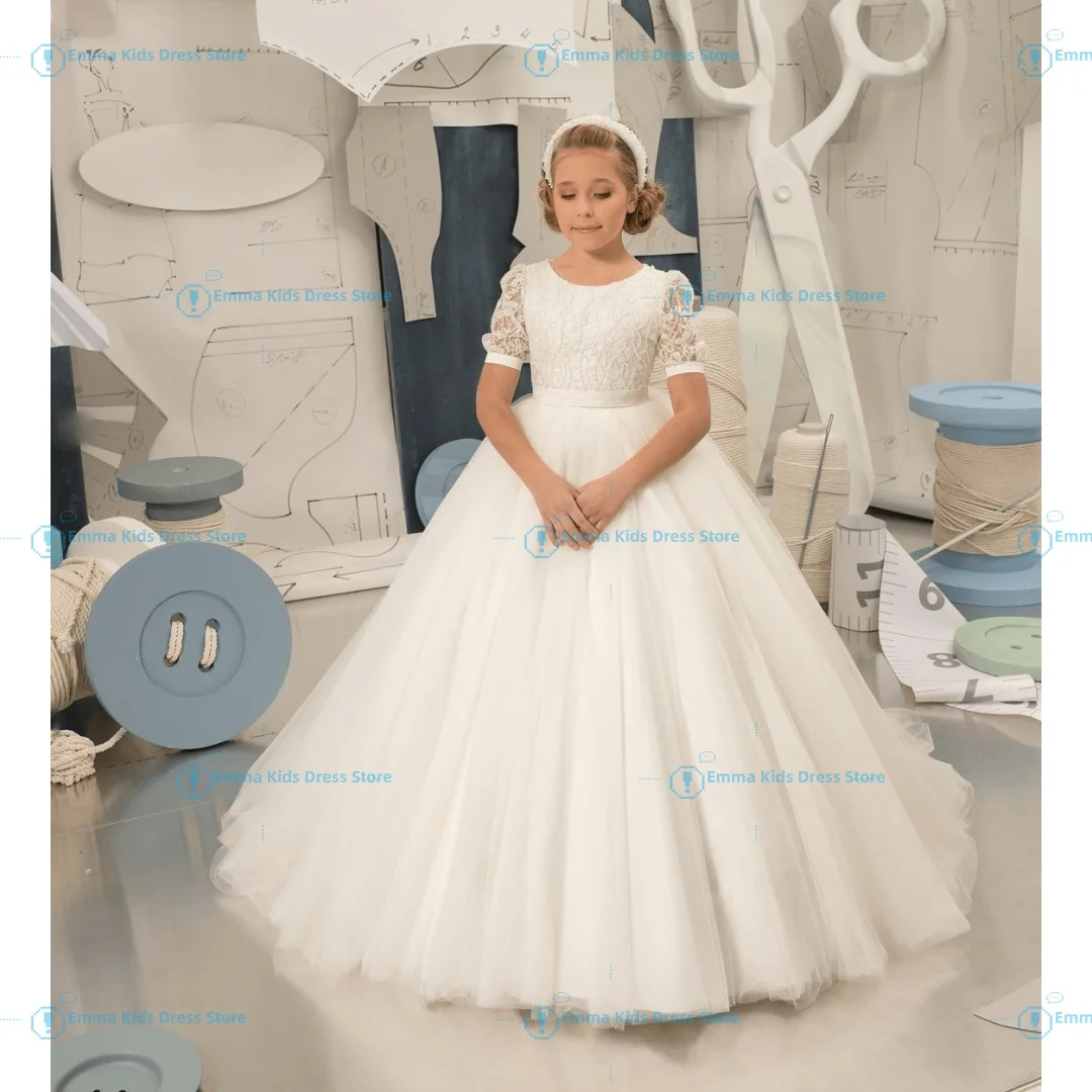 

Drois Custom Ivory Evening Dress with Tulle Appliqué, Sequins, and Half Sleeves Flower Girl Dress