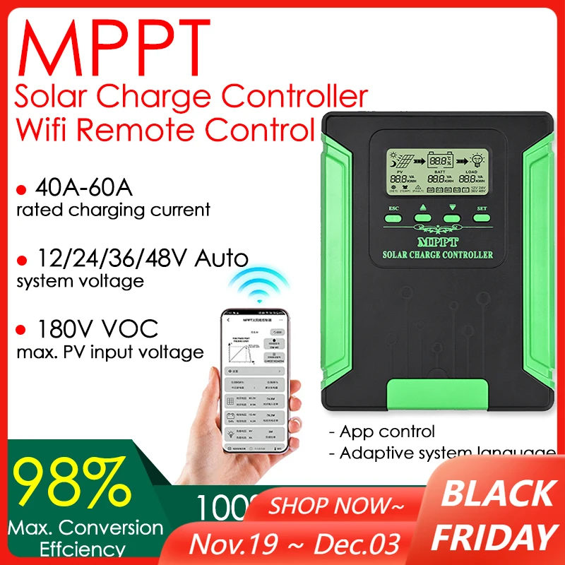 

12/24/36/48V Auto WIFI MPPT Solar Charge Controller 40/50/60A Solar Panel Battery Regulator LCD USB for Lifepo4 Lead AcidLithium