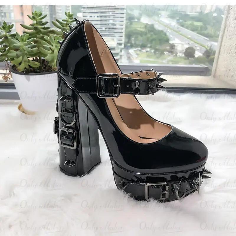 Onlymaker Women Mary-Jane Platform Gothic Buckle Belt Ring Rivet Shinny Chunky High Heels Ankle Strap Heeled Punk Pumps