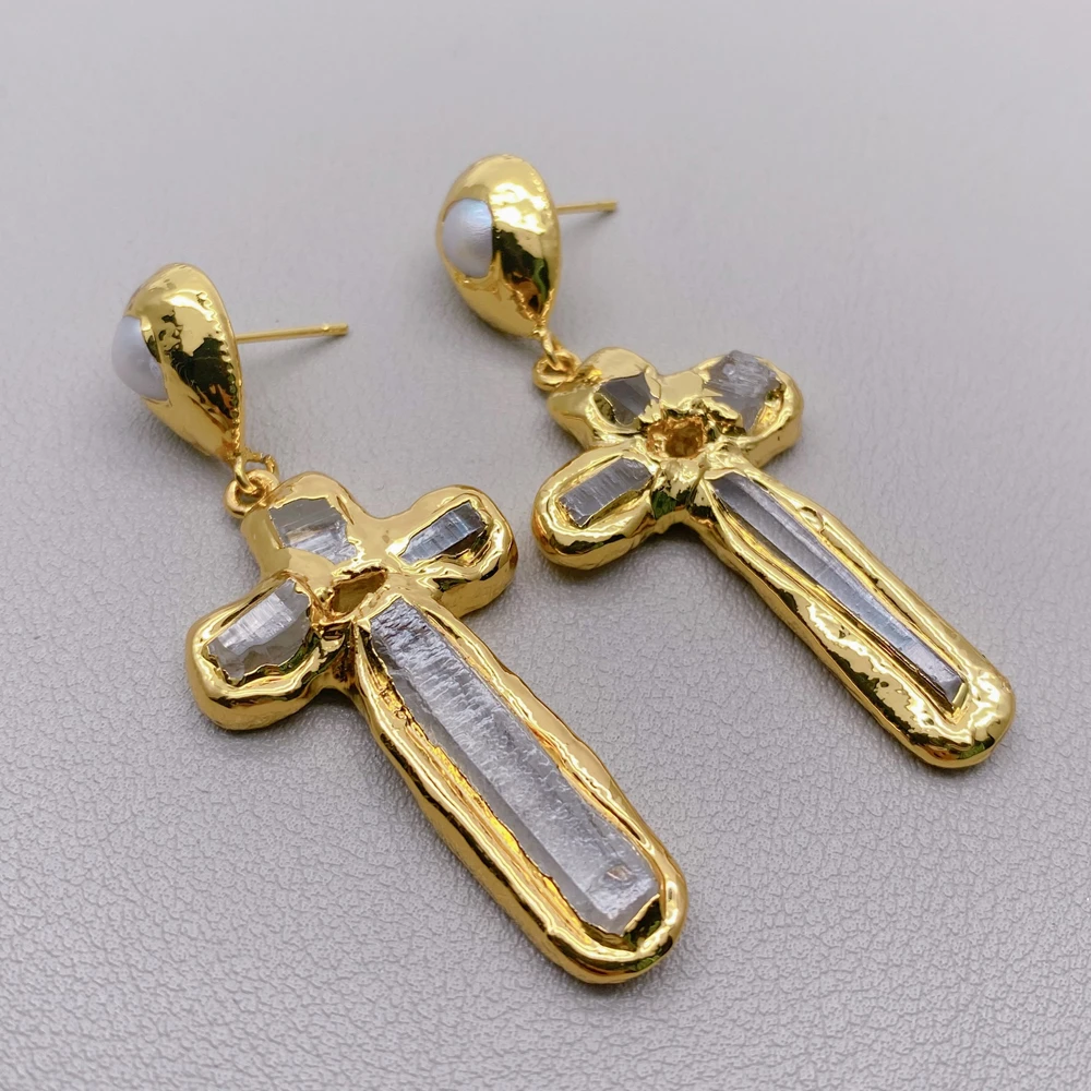 Y·YING New Gemstone Earrings Clear Quartz White Pearl Crucifix Dangle Drop Earrings Religion Jewelry