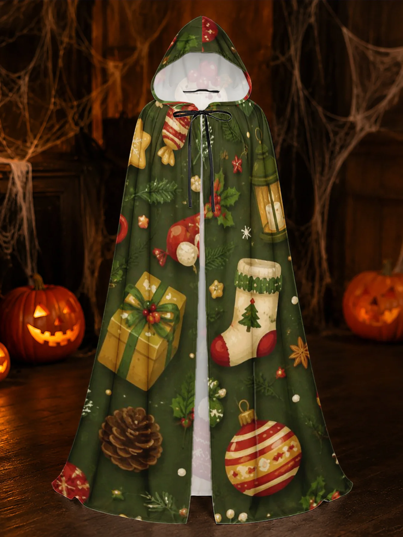 Christmas Graphic Print Hooded Cloak Unisex Wizard Robe for Holiday Parties Stage Performances