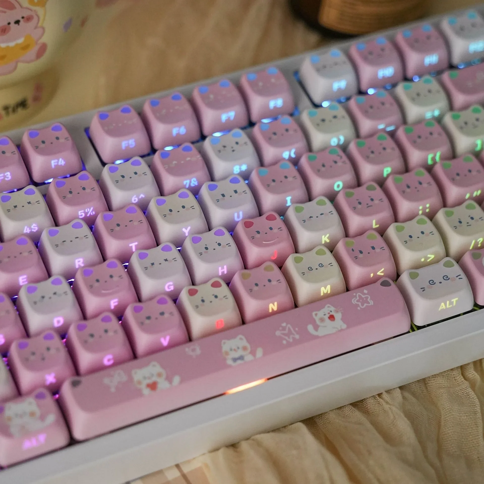 Cute Cat keycaps DYE-SUB Anime Cartoon Mechanical Keyboard PBT Side Printed Keycap for Gaming Fit Keyboard Key Caps