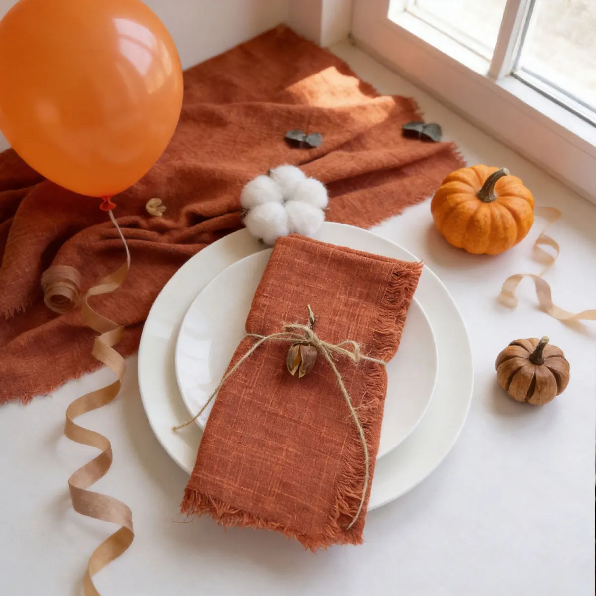 6/12 Pcs Autumn Orange Fringed Cloth Napkins, Halloween Decorations, Reusable Kitchen Towels & Table Linens for Halloween Parties, 32×32cm