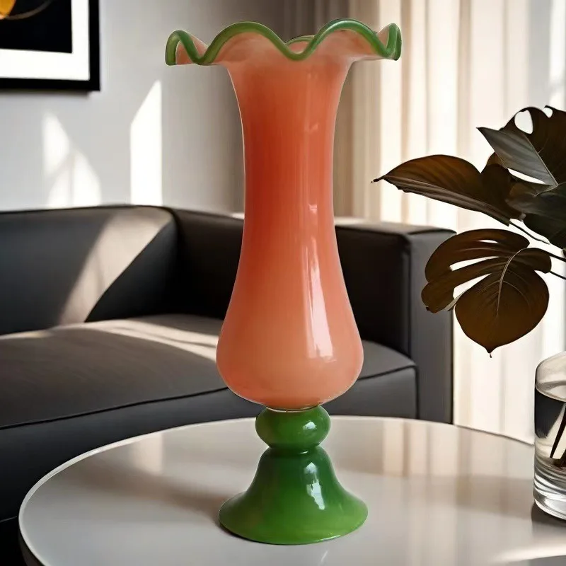 Medieval lotus leaf lace wind lamp green base high wabi sandy wind home color matching glass vase simple European collection