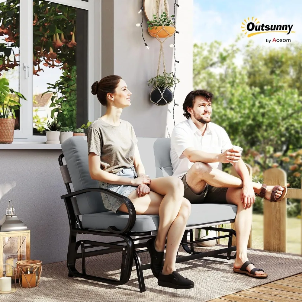 Factory Direct 2026 2-Person Outdoor Glider Bench with Tufted Cushions, Steel Frame Patio Rocker Loveseat for Porch Garden Backy