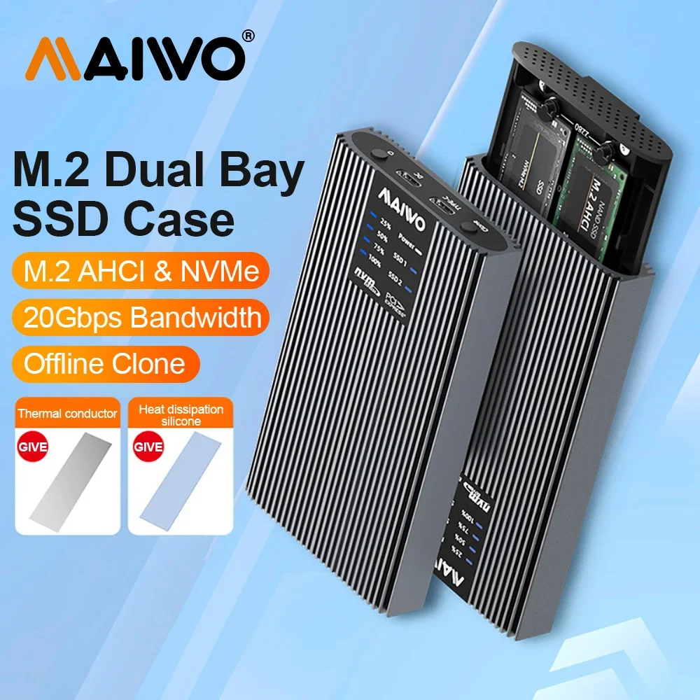 

MAIWO Dual Bay M.2 NVMe SSD Enclosure Offline Clone 20Gbps USB C 3.2 Gen2 External Case Hard Drive Disk Copy Storage Box Copier