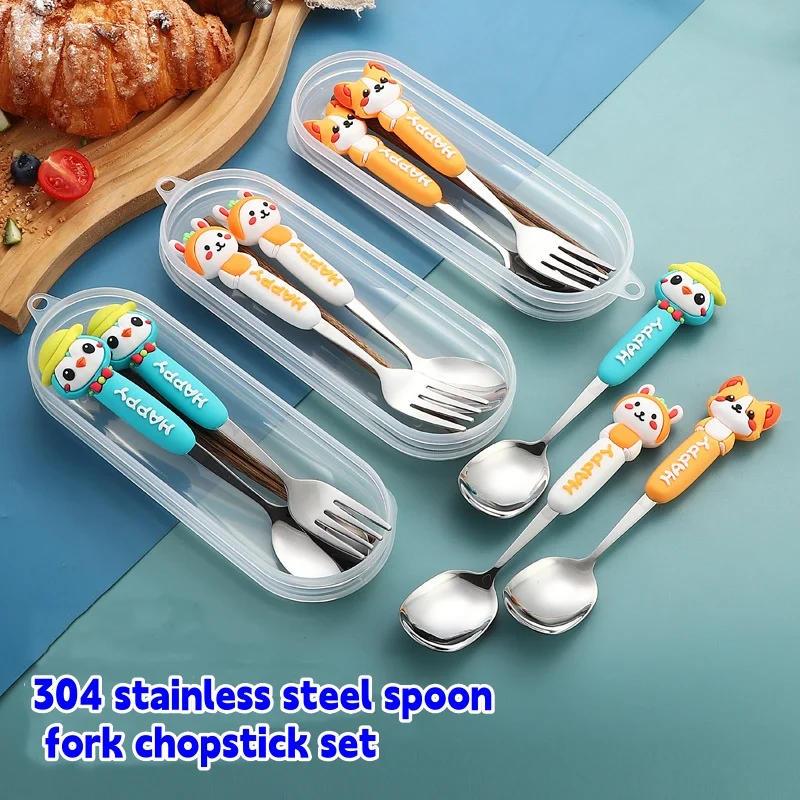 

3Pcs/Sets Cutlery Sets 304 Stainless Steel Spoon,Fork,Chopstick Tableware Sets,Student Cartoon Figurine Portable Tableware Sets