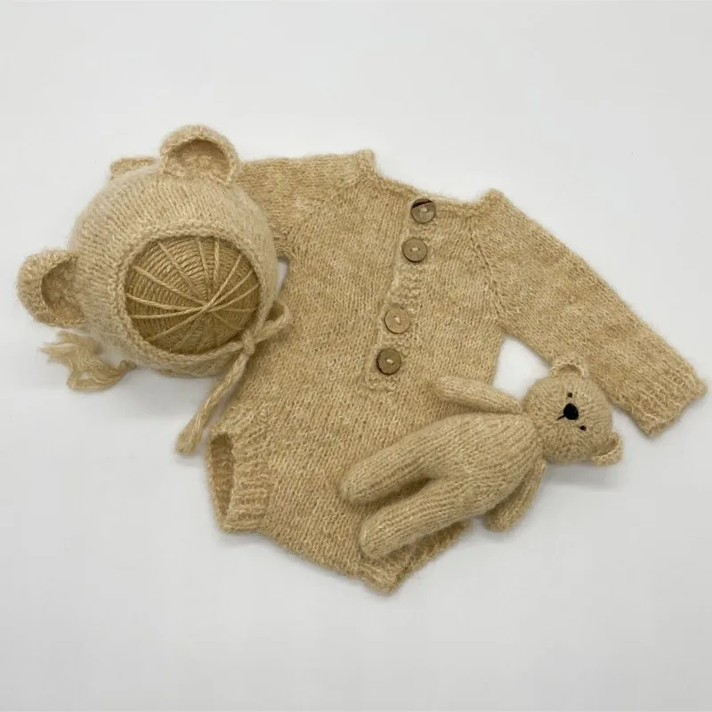 Pelele para fotografía de recién nacido, capó de oso y conjunto de juguetes, disfraz de oso para niñas y niños con muñecas tejidas a mano, trajes de fotografía para recién nacidos