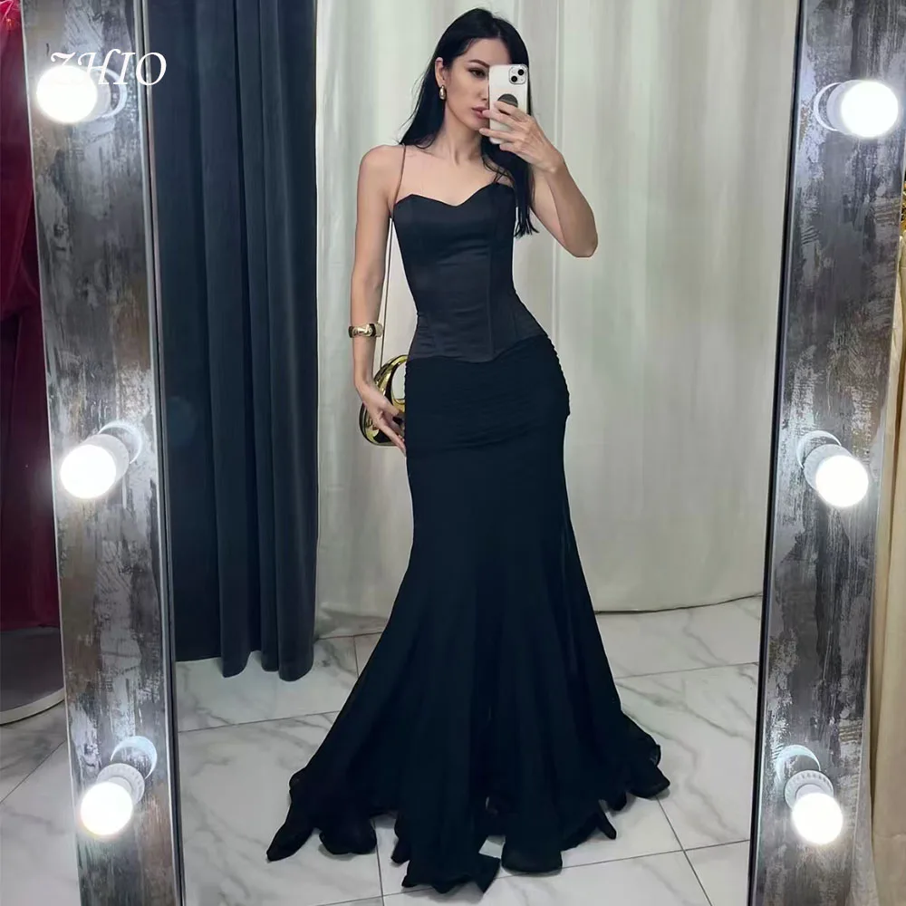 ZHIO elegante vestido de fiesta de boda de satén negro sin tirantes plisado Línea A hasta el suelo satén ocasión especial vestido de noche personalizado