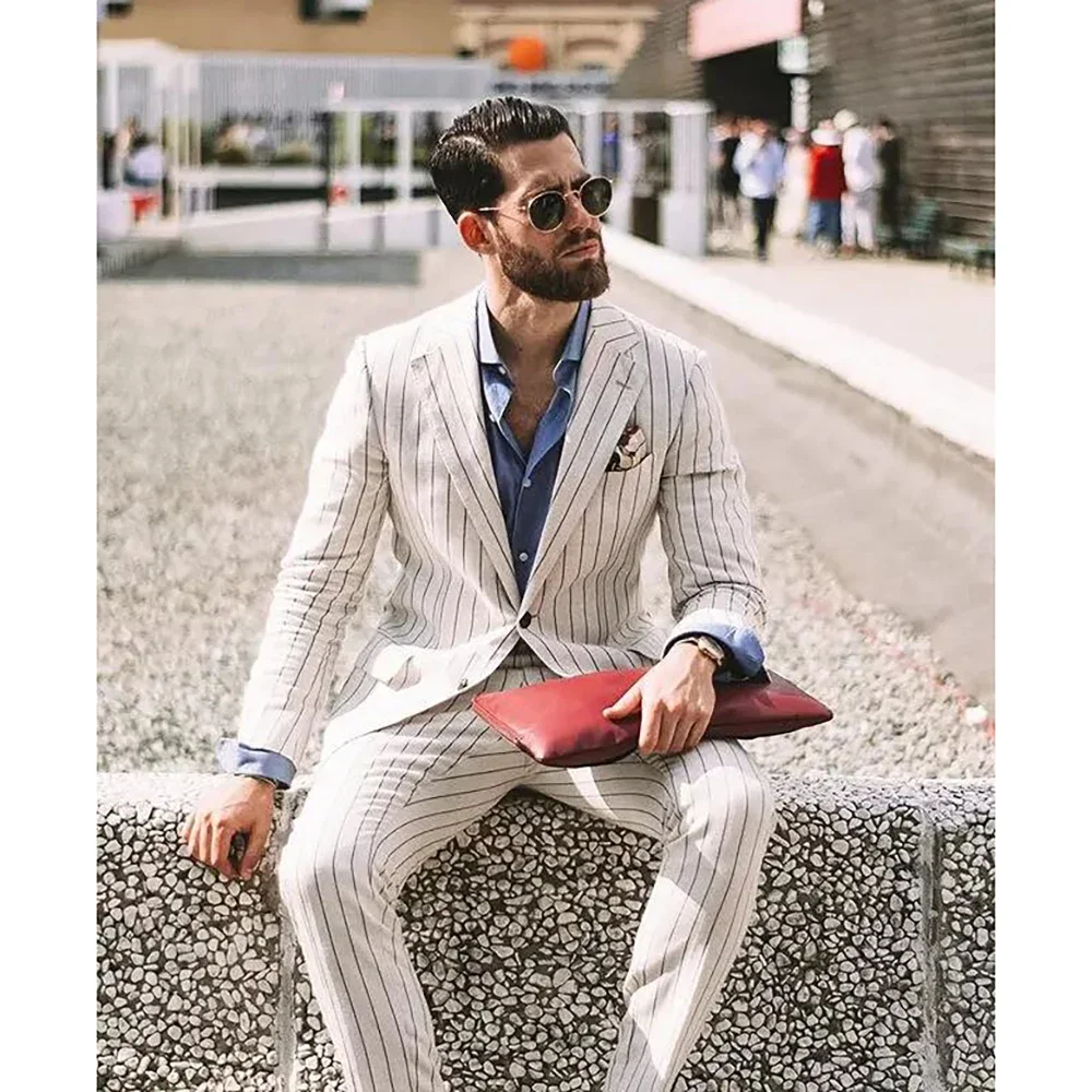 

New High Quality Striped Men Suits Two pieces (Jacket+pants) Male Formal Party Groom Wedding Prom Blazer Set