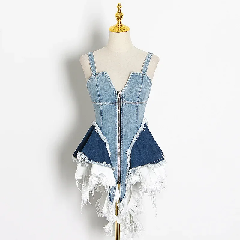 

2024 New Summer Style Niche Design Color-blocked Denim Waist Slim Vest Suspender Top for Women Trendy