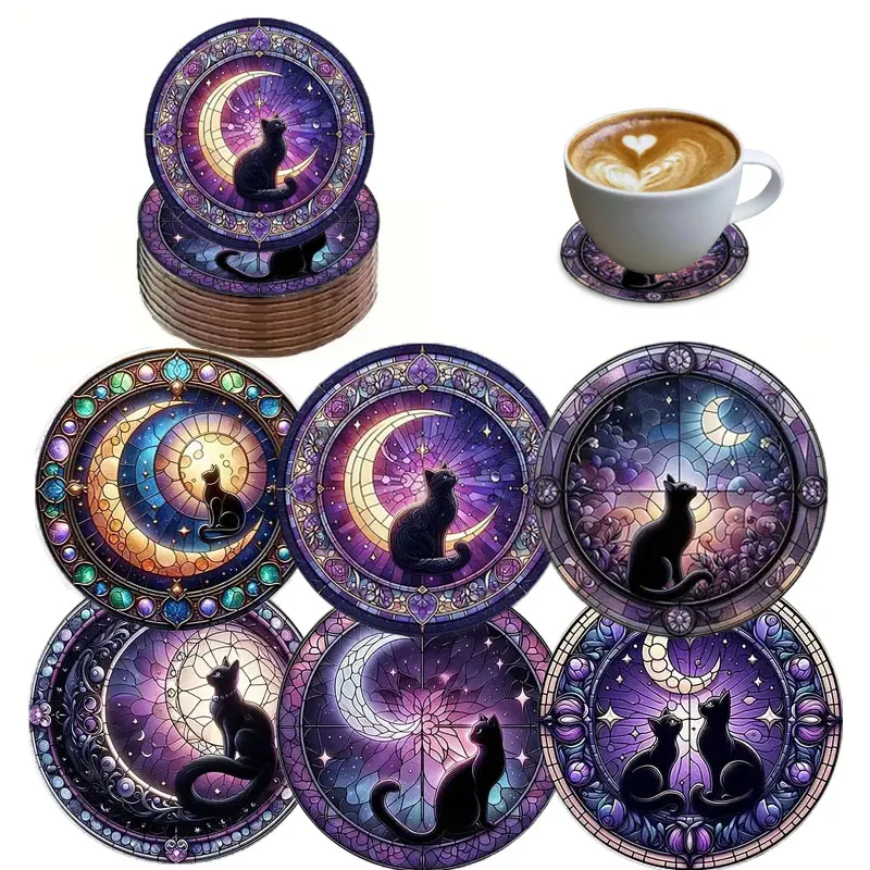 6 Pieces/Set of Cat-Patterned Wooden Anti-Slip Coasters, Suitable for Home Office and Theme Party Decoration