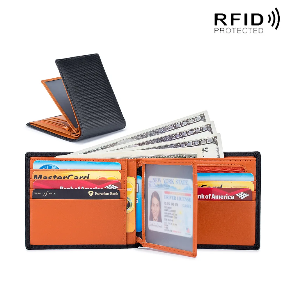 

Men Pocket Wallet Rfid Anti-thief Short Wallets Carbon fiber Genuine Leather Coin Purse Cash ID Card Holder Card Organizer Black