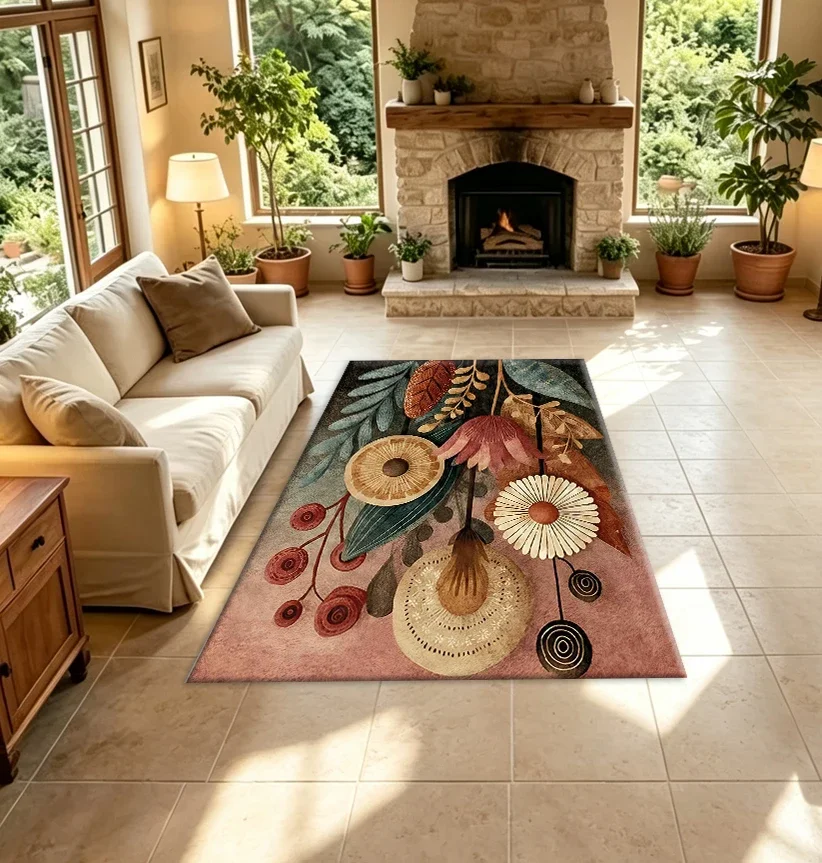Boho Vintage Floral Leaf Carpet Floor Mat Hand Painted Vintage Floral Leaf Floor Mat Art Decor Indoor Carpet Suitable for Living
