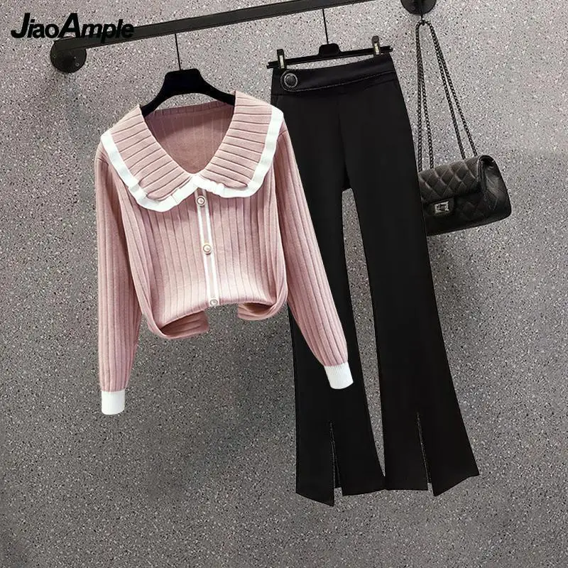 Women's Tracksuit 2024 Spring Autumn New Fashion Doll Neck Knit Long Sleeved Micro Flare Pants 2 Piece Female New Matching Set