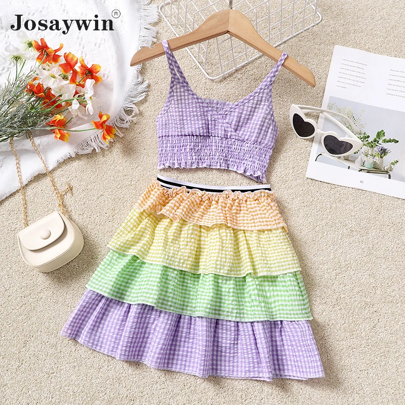 

Hot Style Kids Clothes Girls Children Suit Girls 2 Pieces Sets Sleeveless Top+Skirt Dress Suit Mmulticolor Clothes for Girls Set