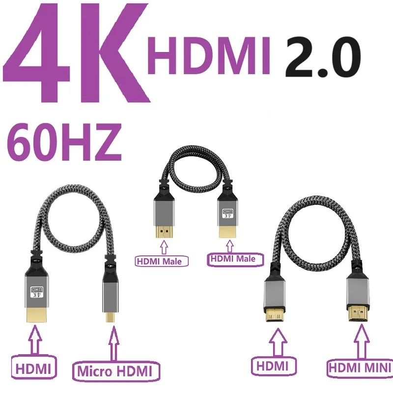 

HDMI Nylon Braid HD 4K@60HZ V1.4 TPU HD 1080P Compatible Micro Mini TO HDMI Extension Male Cable For Tablet PC TV Camera HDTV