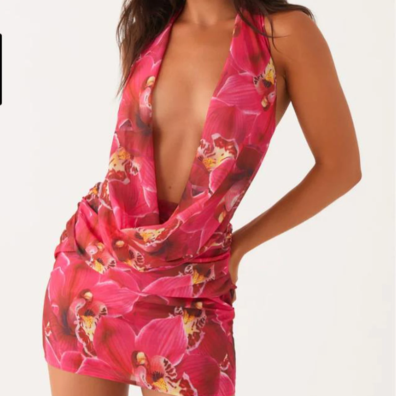 2025 セクシーな女性の夏のデザイナーホルターひだドレスヒョウ/フラワープリントバックレススリムミニボディコンドレスパーティー用