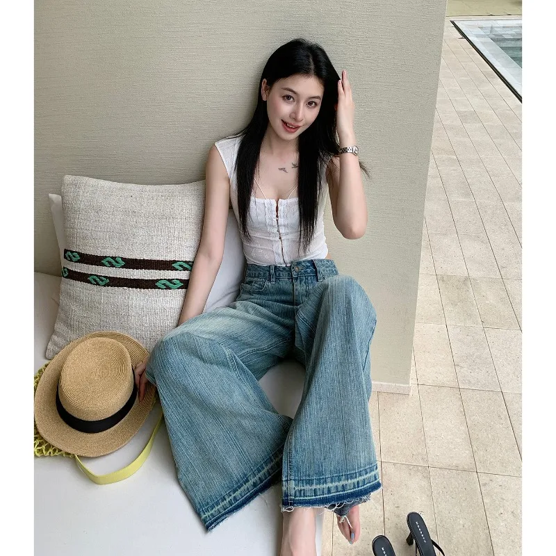 American High Street 2026 New Women Slub Textured Cat Whisker Jeans Medium Rise Raw Edge Wide Leg Y2K Summer Outfit Pants