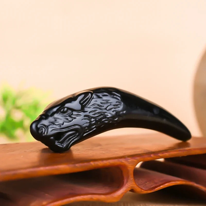 Chinese Black Green Wolf tooth jade Pendant Natural Obsidian Necklace Charm Jewellery Fashion Amulet Gift Men Women Free rope