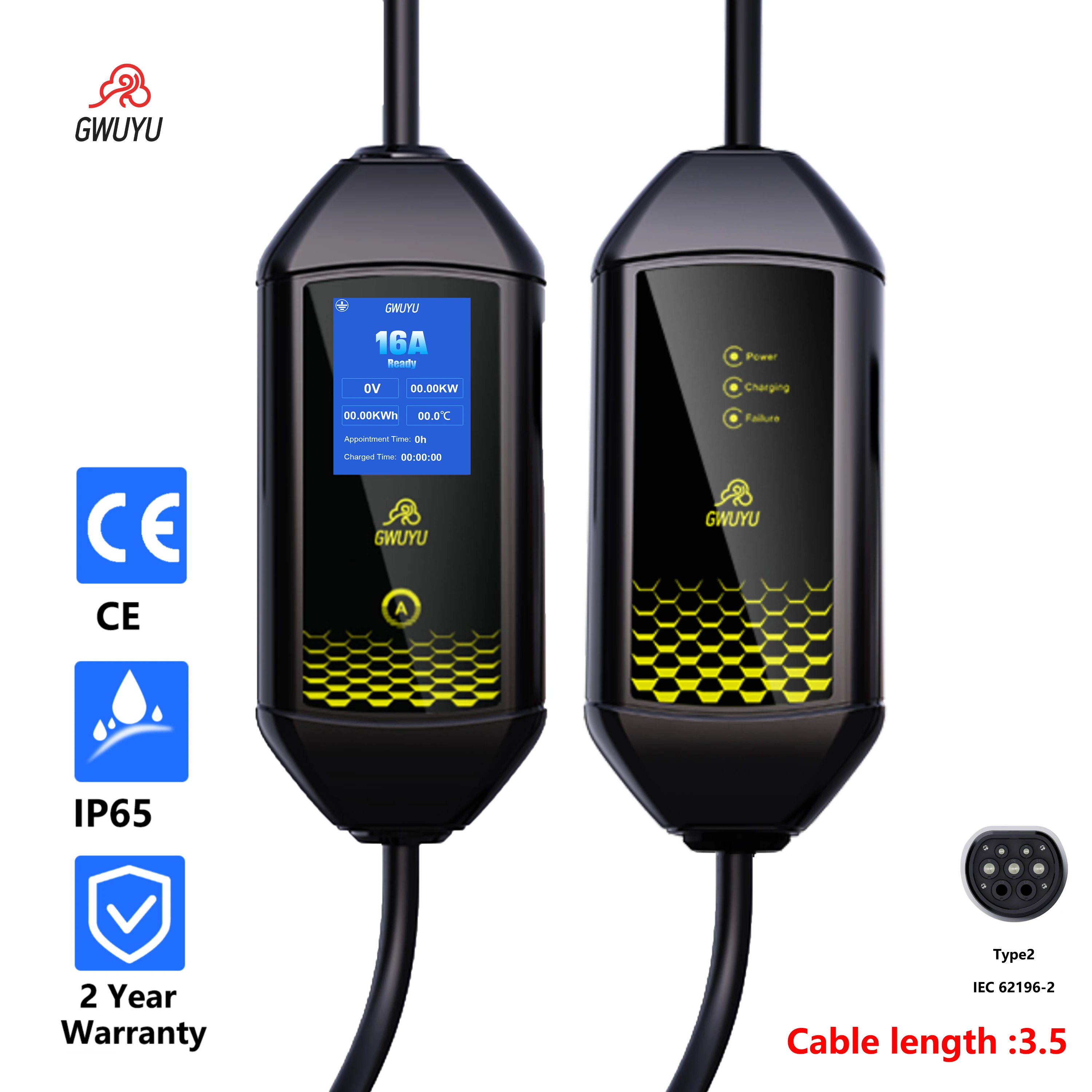 GWUYU 3.5KW 16A Type 2 EV Portable Charger 220V Display Screen  EVSE Charging CEE Plug Electric Vehicle Car Charger 3.5m Cable