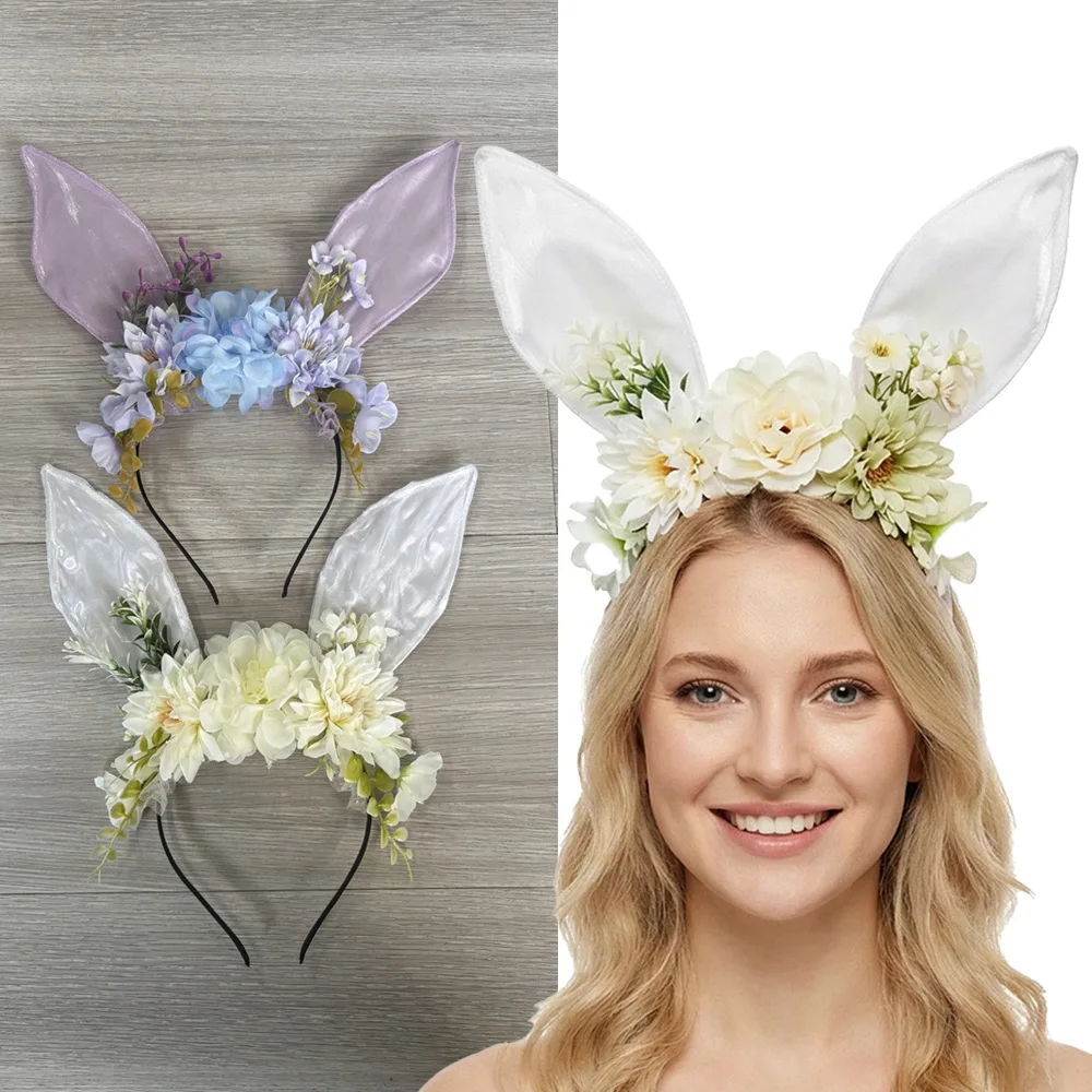 

Easter Rabbit Ears Headband Cosplay Artificial Flower Bunny Headpiece Carnival Halloween Dress Up Party Headwear Costume Props