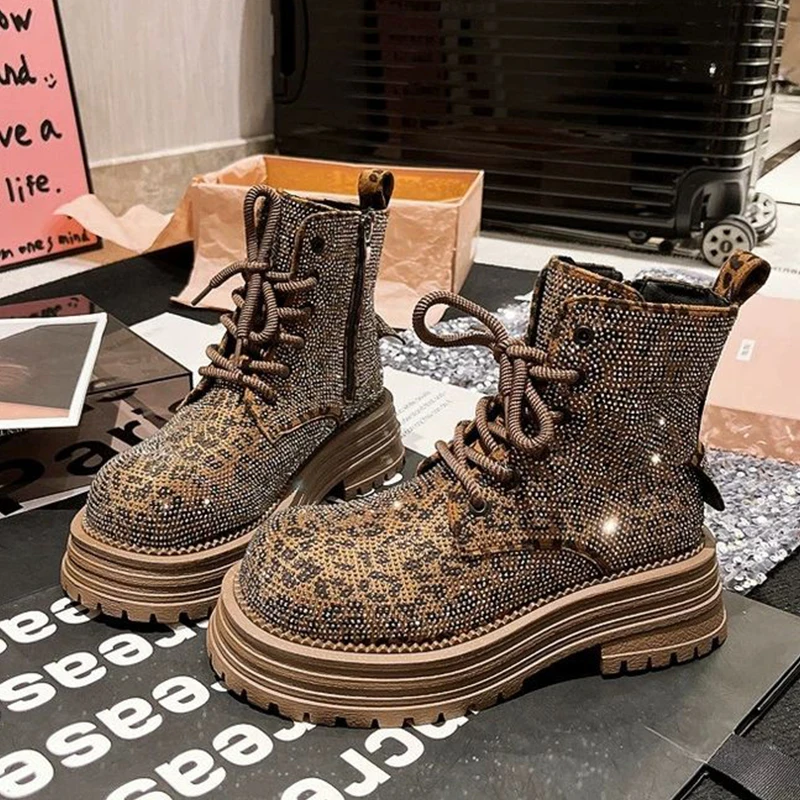 y2k Sexy womens boots rhinestone Leopard Lace up workwear motorcycle luxury boots winter Fashion Thick bottom Plush female shoes